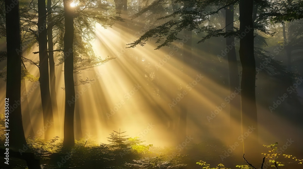 Obraz premium Sunlight pierces through the trees, creating a magical atmosphere in the tranquil morning haze