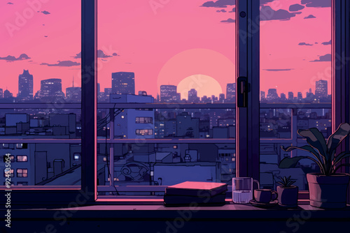 Urban sunset view from window