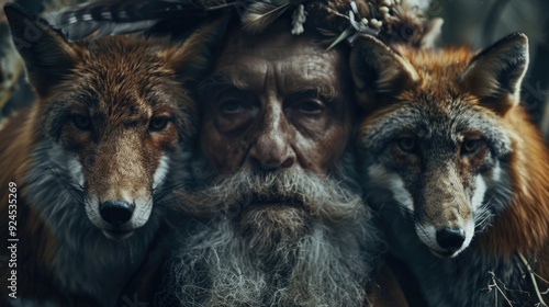 A person with a long beard and beardless face, surrounded by two foxes on his shoulders