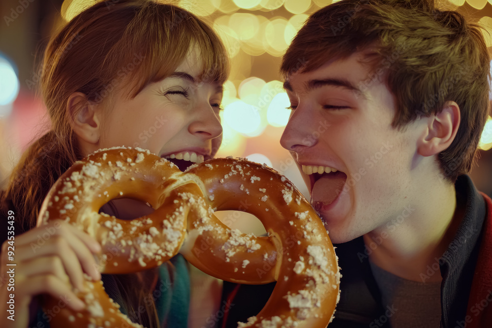Young Couple Laughing Over Shared Pretzel at Oktoberfest. A photo of a young couple with light skin, both joyfully sharing a giant Bavarian pretzel during a lively Oktoberfest evening celebration.
Young Couple Laughing Over Shared Pretzel at Oktoberfest. A photo of a young couple with light skin, both joyfully sharing a giant Bavarian pretzel during a lively Oktoberfest evening celebration.