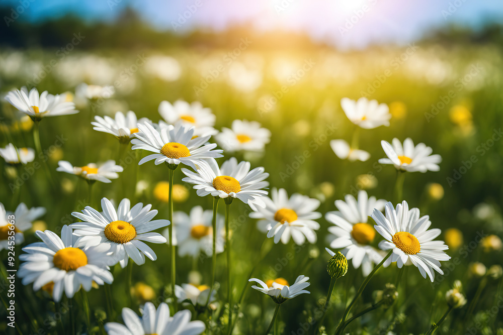 White Daisies in a Field with Sunny Backdrop. White Daisies in a Field with Sunny Backdrop.