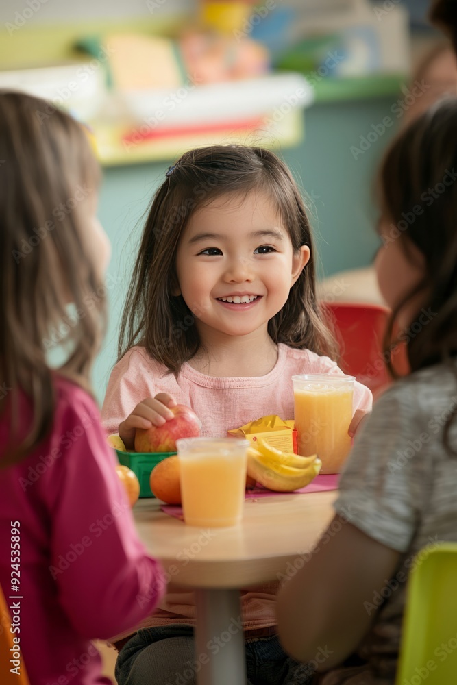 Kindergarten students having a snack time with juice boxes and fruits. They are sitting around a small table chatting Kindergarten students having a snack time with juice boxes and fruits. They are sitting around a small table chatting