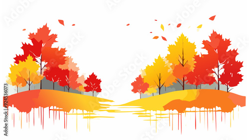 Autumn Scene Landscape with Foliage Leaves - Season Nature Park Leaf Tree Background Orange Illustration Plant Yellow October Forest Enviroment Maple
