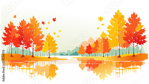 Autumn Scene Landscape with Foliage Leaves - Season Nature Park Leaf Tree Background Orange Illustration Plant Yellow October Forest Enviroment Maple
