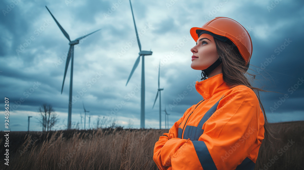 Woman in an orange jacket and helmet, standing in a wind farm on a cloudy day Woman in an orange jacket and helmet, standing in a wind farm on a cloudy day