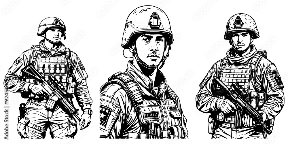 Fototapeta premium Fictional soldier character. Line art. Black and white illustration for use in graphics.