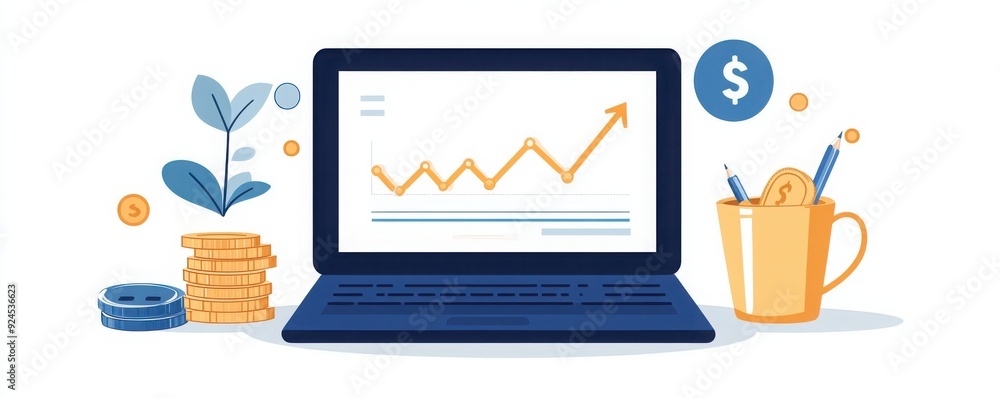 Fototapeta premium Illustration of financial growth with laptop, coins, plant, and cup. Perfect for business, finance, and investment themes.