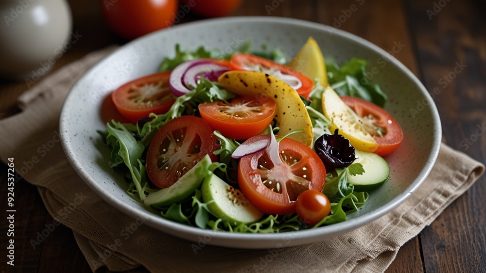 Fresh vegetable salad with arugula, tomatoes, cucumbers, red onions and olives Fresh vegetable salad with arugula, tomatoes, cucumbers, red onions and olives