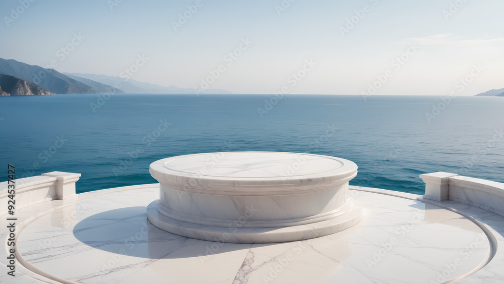 Obraz premium White marble podium with sea view on background