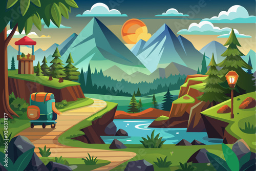 A Backpack Travels on a Winding Path Through a Mountainous Forest
