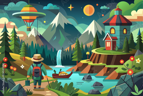 A Backpacker With A Suitcase Walks Through A Fantasy Landscape