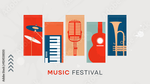 Classic retro style musical instrument, vintage. This design has a concept for celebrating a music party by featuring guitar, drum, trumpet, vinyl records, piano and mic. Music Festival