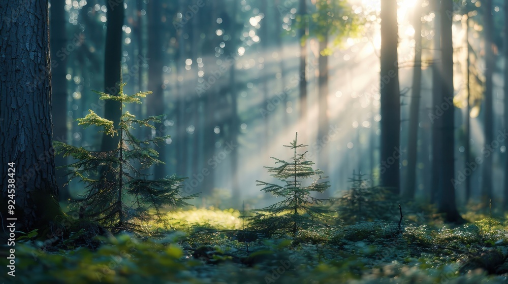 Fototapeta premium Serene forest with beams of laser light cutting through the mist, creating an ethereal and magical atmosphere.