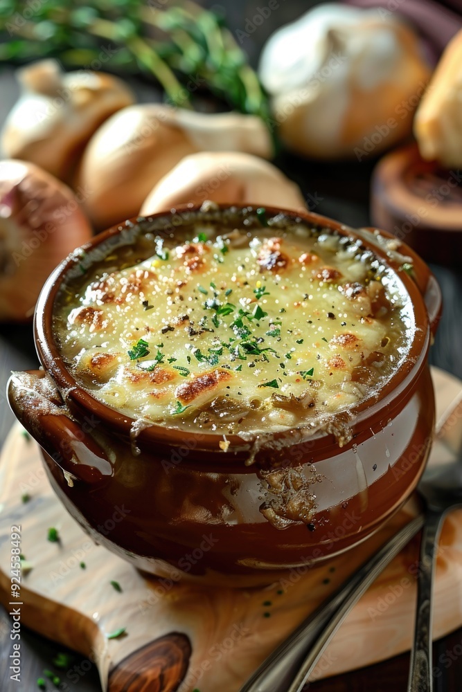 Delectable French Onion Soup in Ceramic Bowl Topped with Melted Cheese and Fresh Herbs Delectable French Onion Soup in Ceramic Bowl Topped with Melted Cheese and Fresh Herbs