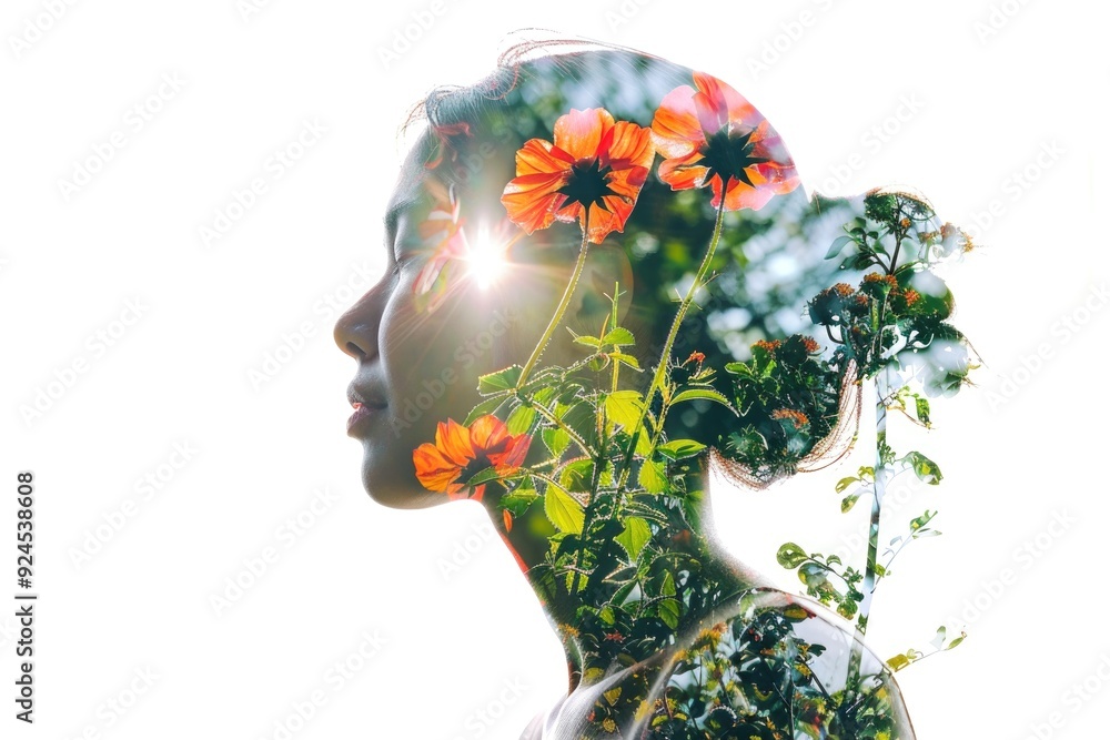 Double Exposure Portrait of Woman Blending with Vibrant Floral Elements Double Exposure Portrait of Woman Blending with Vibrant Floral Elements