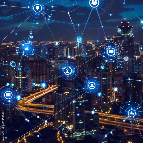 Animation of network of connections with icons over 3d architectural drawing of city in background. global networks, development and connections