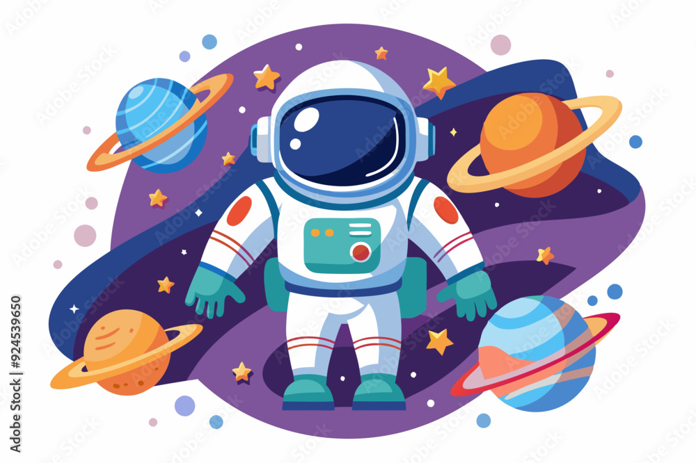 Cartoon Astronaut in Space with Planets and Stars Cartoon Astronaut in Space with Planets and Stars