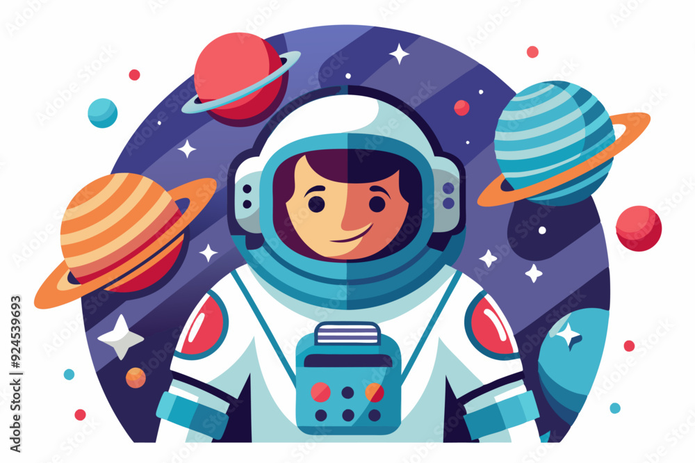 Fototapeta premium Smiling Astronaut in Space Suit with Planets and Stars