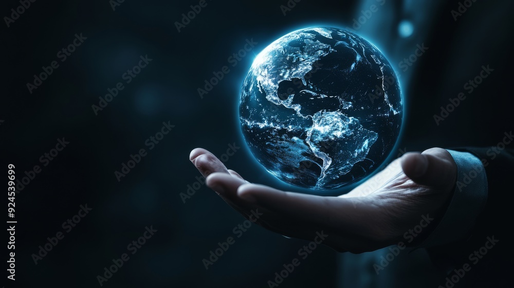 A businessman holding a glowing hologram of the planet Earth, with a global network and connectivity concept, the digital world in his hand over a dark background. A businessman holding a glowing hologram of the planet Earth, with a global network and connectivity concept, the digital world in his hand over a dark background.