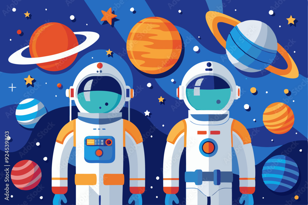 Two Astronauts in Space with Planets and Stars Two Astronauts in Space with Planets and Stars