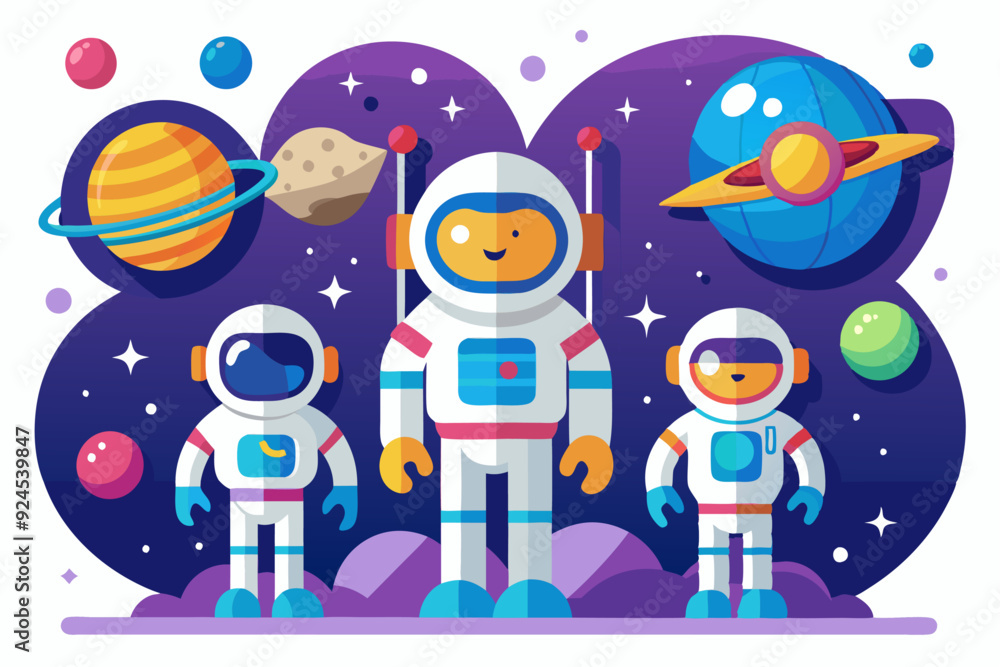 Three Cartoon Astronauts Standing in Space with Planets and Stars Three Cartoon Astronauts Standing in Space with Planets and Stars