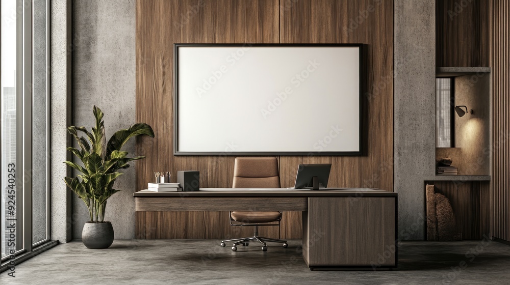 Modern Office Interior with Large Blank Canvas, Wooden Walls, and Desk Modern Office Interior with Large Blank Canvas, Wooden Walls, and Desk