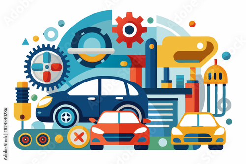 Cars on a Production Line with Gears and Abstract Shapes