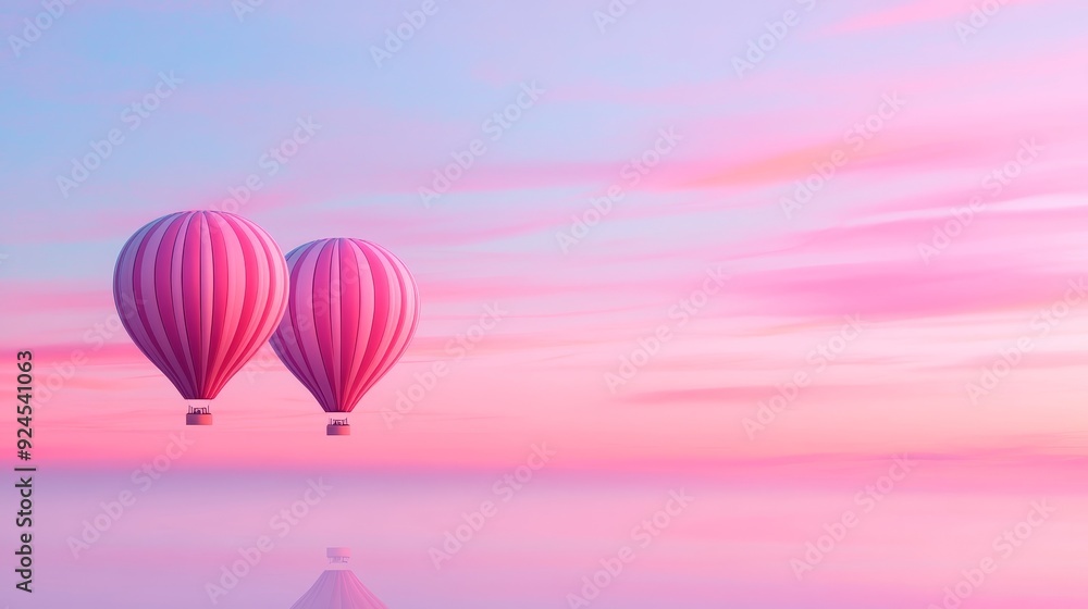 Fototapeta premium Pastel hot air balloons, gentle sky, serene landscape below, early light, whimsical journey, tranquil flight