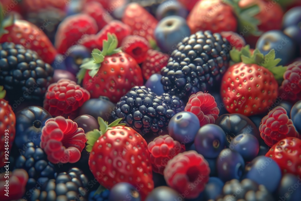 A close-up view of a mixed berry selection, featuring fresh blueberries and raspberries A close-up view of a mixed berry selection, featuring fresh blueberries and raspberries