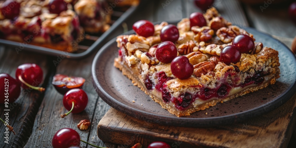 Sponge Cake Bars with Cherries and Walnuts Homemade Sweet Pie Bars with Seasonal Berries Sponge Cake Bars with Cherries and Walnuts Homemade Sweet Pie Bars with Seasonal Berries