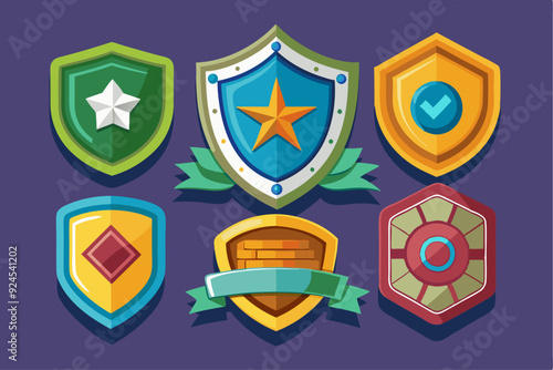 Collection of Colorful Cartoon Shields with Different Symbols