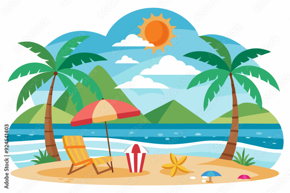 Obraz premium Tropical Beach Scene with Palm Trees, Umbrella, and Lounge Chair