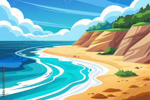 Sandy Beach with Foamy Waves and Lush Cliffside Vegetation