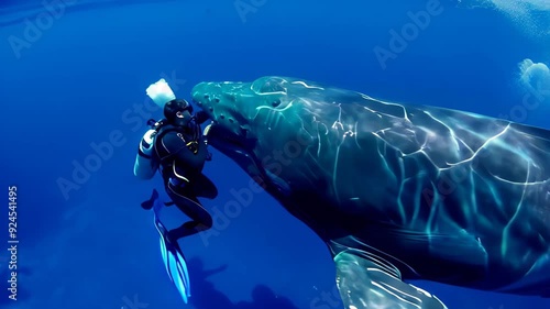 An adventurous underwater diver comes face to face with a magnificent whale in the deep blue ocean, capturing a breathtaking moment of human interaction with marine wildlife.