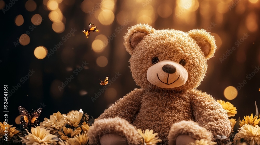 Teddy bear, whimsical forest, surrounded by flowers and butterflies, magical atmosphere Teddy bear, whimsical forest, surrounded by flowers and butterflies, magical atmosphere