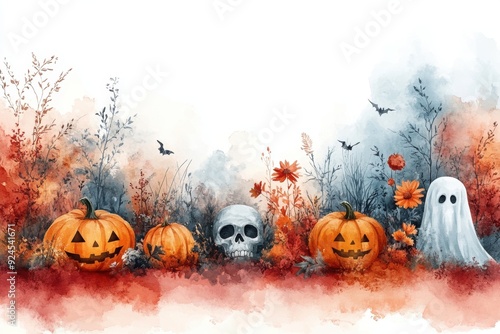 Minimalist Halloween Background with Skeleton, Pumpkin, and Ghost Watercolor Design