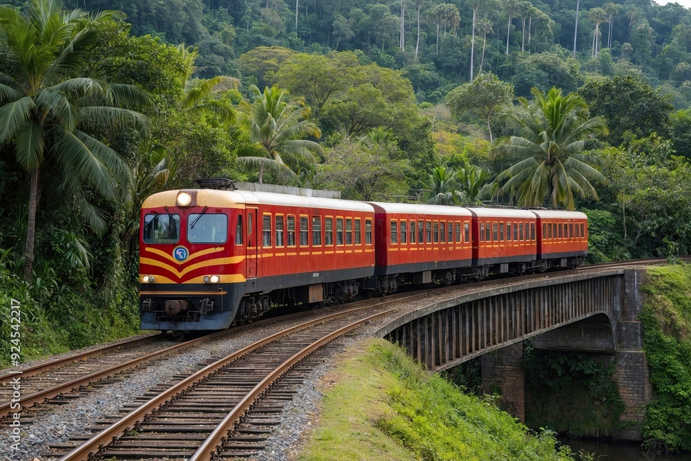 Fototapeta premium Train Journey Over Historic Bridge in Lush Jungle Forest