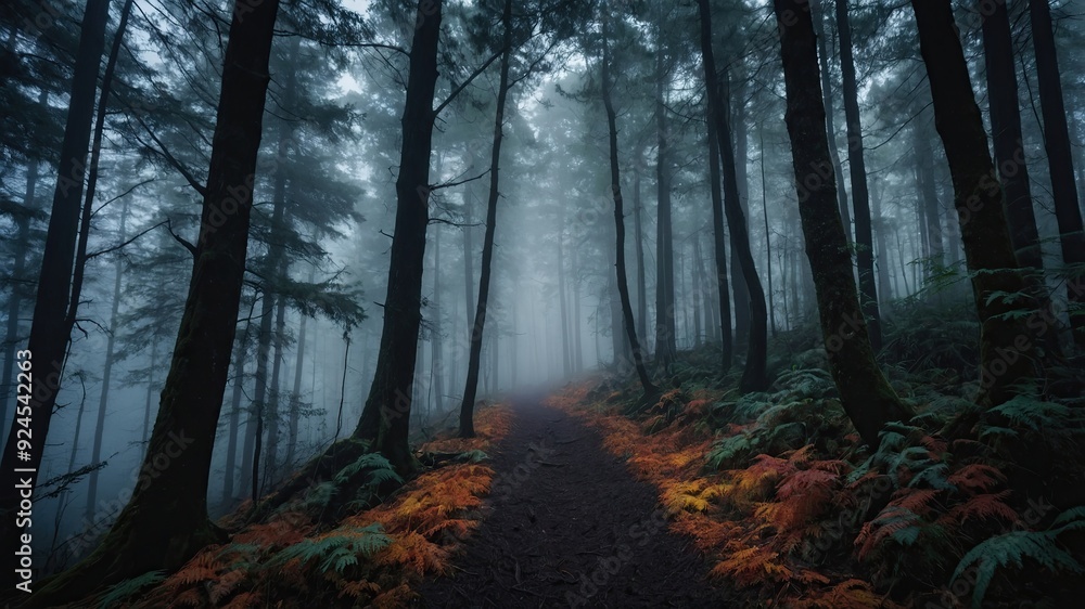 Obraz premium Beautiful mystical forest in blue fog in autumn