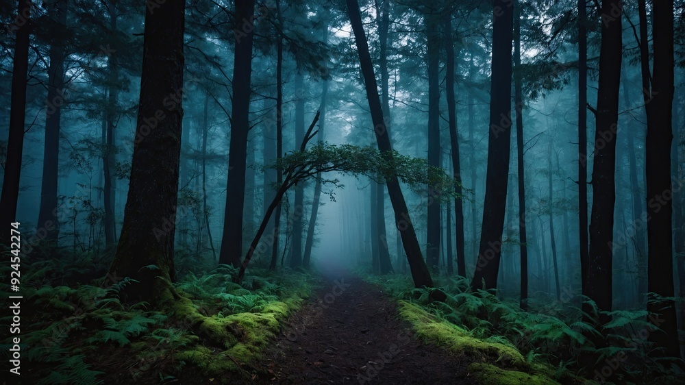 Beautiful mystical forest in blue fog in autumn Beautiful mystical forest in blue fog in autumn