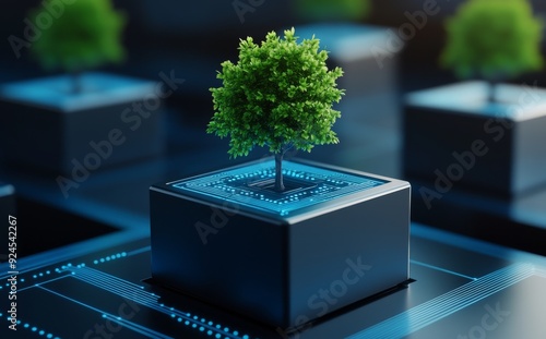 Sleek blue metallic cubes with circuit patterns and green trees growing on them, representing the integration of nature into sustainable digital technology