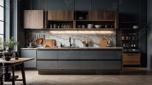 Front view of elegant interior with gray drawers under kitchen cabinet
