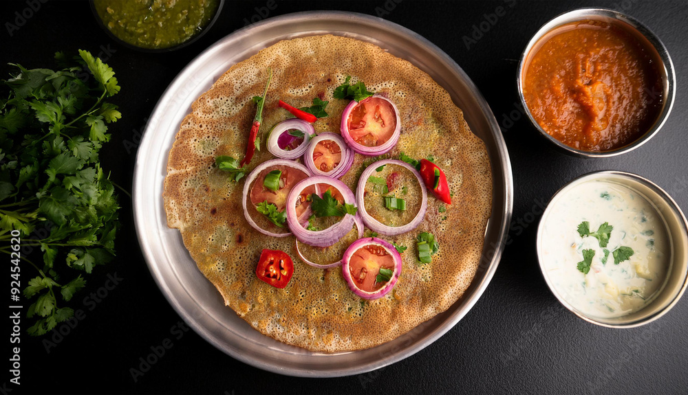 Fluffy Onion-Tomato Uttapam with Coconut Chutney and Sambar Fluffy Onion-Tomato Uttapam with Coconut Chutney and Sambar