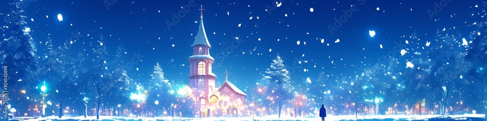 Fototapeta premium Enchanting Winter Wonderland: Anime-Style Aerial View of Sacred Church in Snowy Landscape. Dreamy Cartoon Scene with Falling Snowflakes, Perfect for Creative Marketing, Book Covers, and Game Design. 2