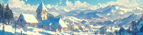 Wallpaper Mural Enchanting Winter Wonderland: Anime-Style Aerial View of Sacred Church in Snowy Landscape. Dreamy Cartoon Scene with Falling Snowflakes, Perfect for Creative Marketing, Book Covers, and Game Design. 2 Torontodigital.ca