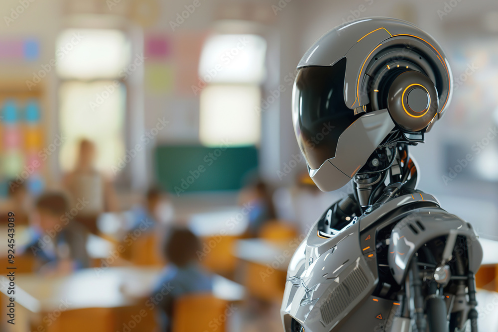 Robotic teacher in classroom, modern educational environment. Perfect for themes of futuristic education, technology integration in schools. Robot, cyborg educator. Robotic teacher in classroom, modern educational environment. Perfect for themes of futuristic education, technology integration in schools. Robot, cyborg educator.
