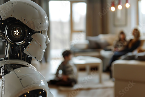 A modern robot designed as a family assistant stands in a living room, observing a child play while adults relax in the background, highlighting its integration into everyday life.