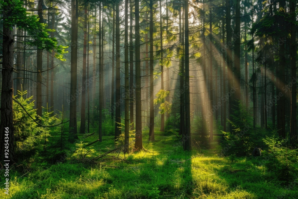 A serene scene of sunlight peeking through the treetops, creating dappled patterns on the forest floor A serene scene of sunlight peeking through the treetops, creating dappled patterns on the forest floor