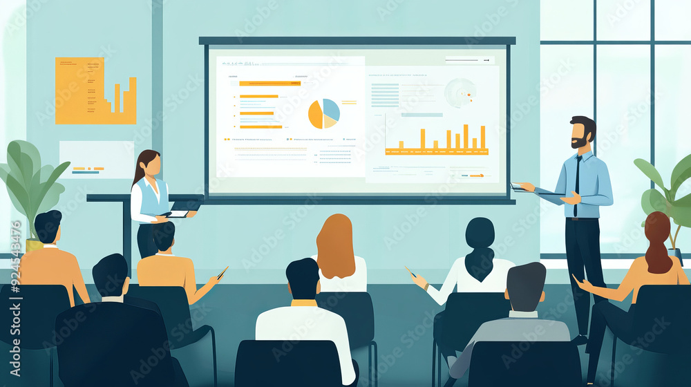 A sales professional giving a dynamic presentation to a group of potential clients in a modern conference room. sales pipeline graphics A sales professional giving a dynamic presentation to a group of potential clients in a modern conference room. sales pipeline graphics