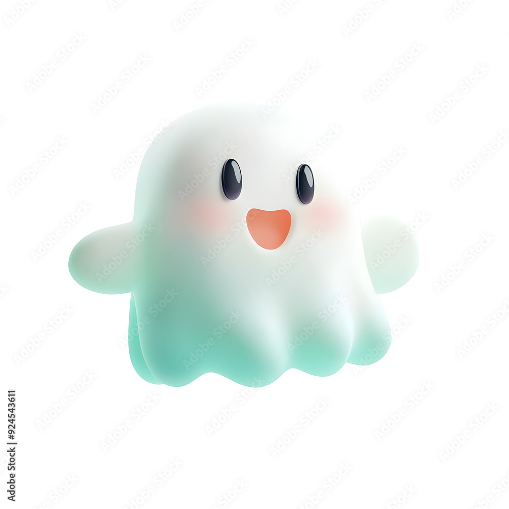 Cute Cartoon 3D Ghost Floating in Pastel Halloween Style with Playful Design Cute Cartoon 3D Ghost Floating in Pastel Halloween Style with Playful Design