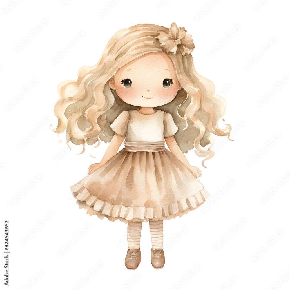 Cute Watercolor Rag Doll with Soft Fabric Details and Pastel Dress in Whimsical Design Cute Watercolor Rag Doll with Soft Fabric Details and Pastel Dress in Whimsical Design